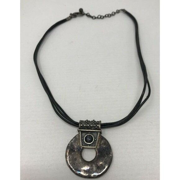CHICO'S Necklace Open Circle Pendant Dark Patina Silver Tone Black Cord BOHO - Picture 4 of 7